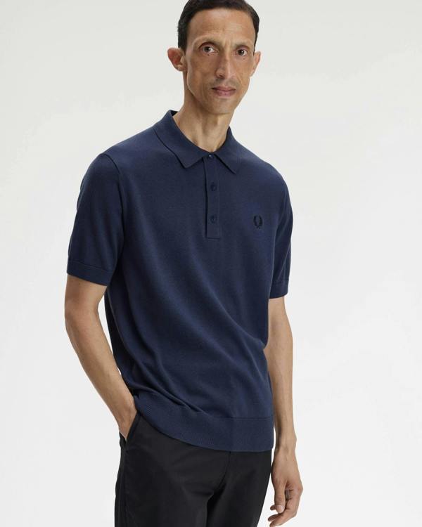 Fred Perry Mens Cotton Knitted Shirt - Dark Airforce 738 | CHO | Designer Mens Short Sleeve Polo Shirts