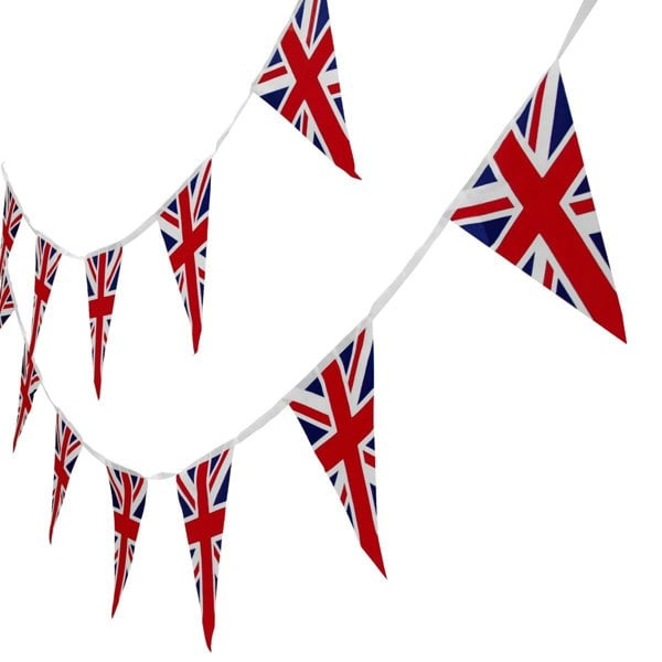 Union Jack flag bunting, 10m long, featuring vibrant red, white, and blue triangular flags, perfect for celebrations and events