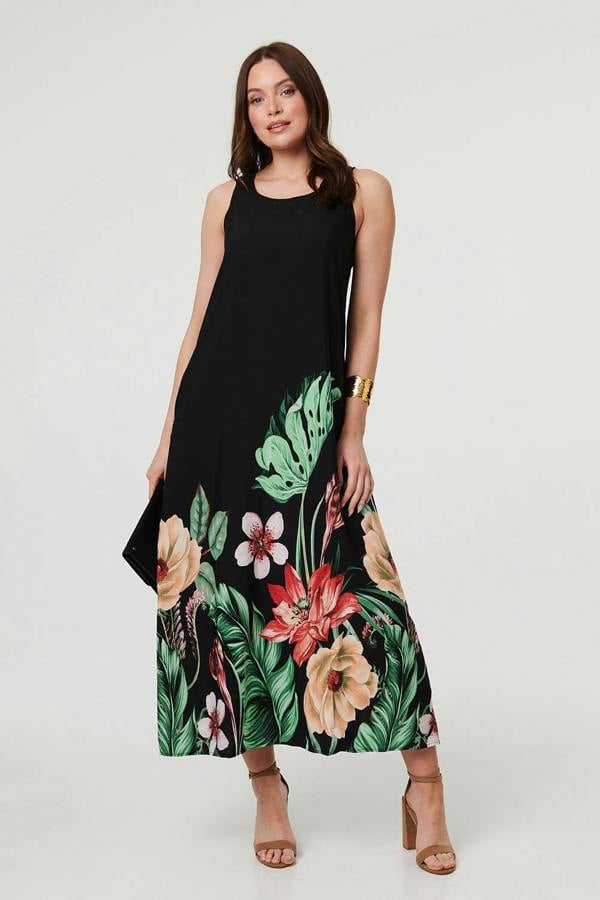 Black | Tropical Floral Sleeveless Midi Dress : Model is 5'9"/175 cm and wears UK8/EU36/US4/AUS8