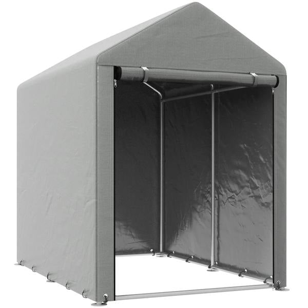 Light grey temporary garden shed with dark front panels and metal frame