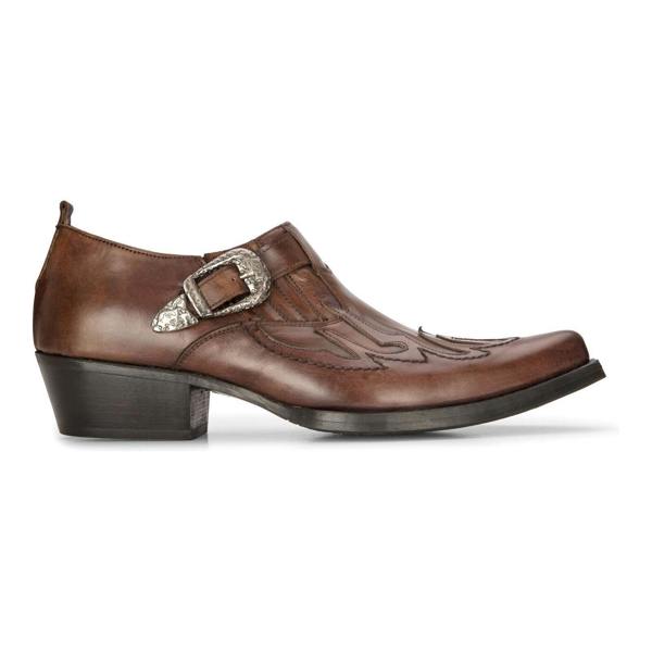 Infinity Leather Men's Leather Western Shoes Brown Cuban Cowboy Winklepickers Classic Buckle Shoe