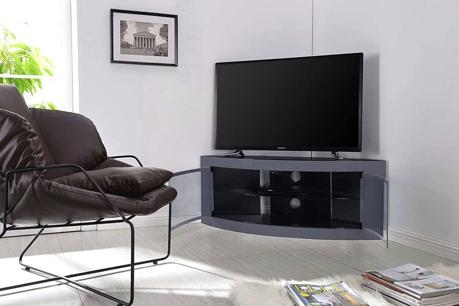 Centurion Supports PANGEA Grey Beam-Thru CurvedTru-Corner 32"-50" TV Cabinet