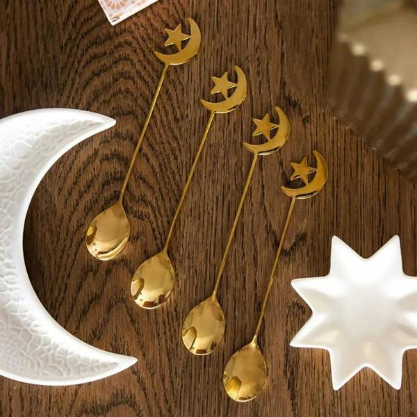 Set of 4 gold star-and-moon teaspoons with long handles