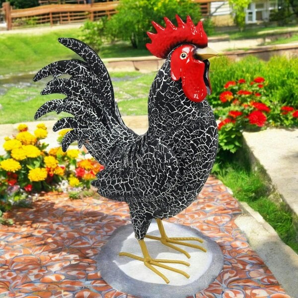 EDH Door Hardware Large Metal Black Cockerel (44cm x 16cm x 36cm) – Handcrafted Rustic Rooster Garden Ornament Farmyard Statue