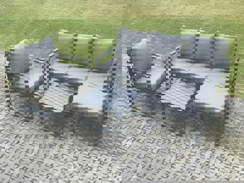 Fimous Aluminium Outdoor Garden Furniture Set Lounge Sofa Chair Square Coffee Table Sets with Big Footstool Dark Grey