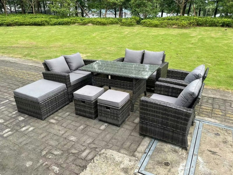 Fimous 9 Seater Dark Grey Mixed High Back Rattan Sofa Set Dining Table Garden Furniture Outdoor With Arm Chair Love Seat