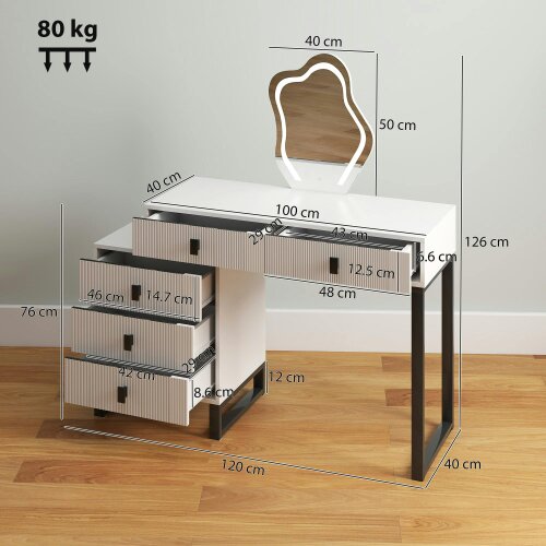 Wyld Haus Nalomo White Vanity Desk With Leaf ShaFauxd Mirror 5 Drawers And 3 Colour LED Lighting