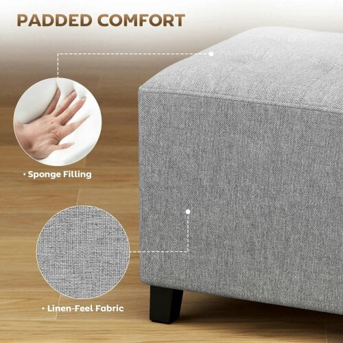 Wyld Haus Linen Light Grey Compact Square Footstool With Side Pocket And Black Wooden Legs
