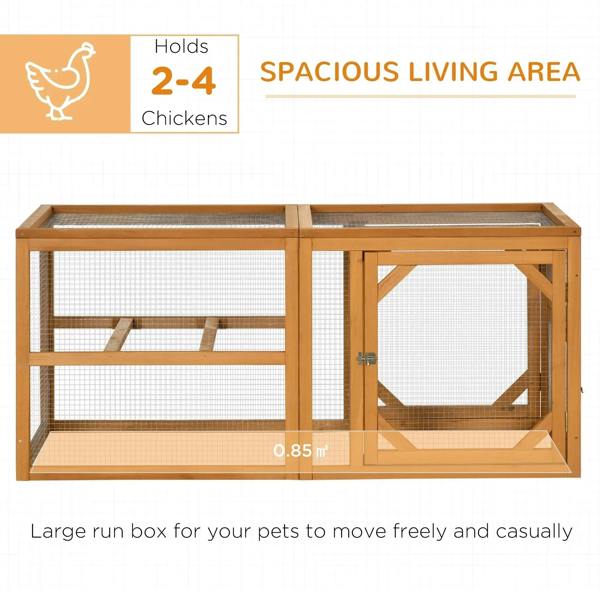 Wooden chicken coop with front door open, wire mesh enclosure and two perch bars