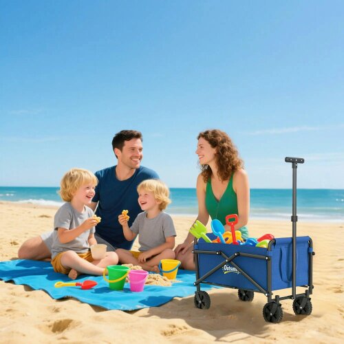 Bobobiy 41L Festival Trolley on Wheels, 60kg Heavy Duty Collapsible Foldable Wagon with Adjustable Handle and Carrying Bag for Beach, Blue