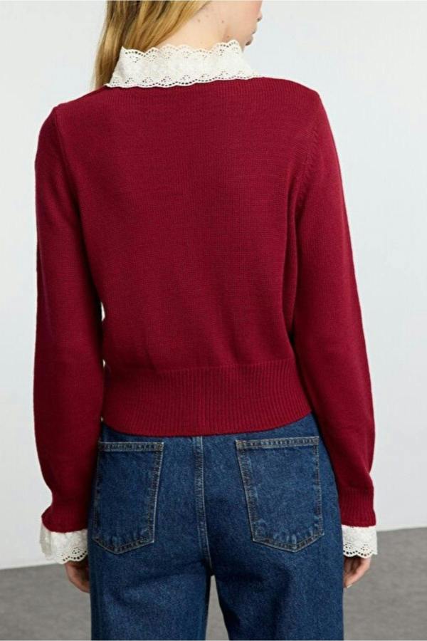 WOVCOR Lace Garnished Ribbon/Bow Detailed Knit Crop Cardigan