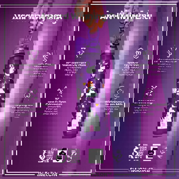 A purple water bottle with a princess design is being held. It features a hide-away handle, hygiene cover, and wide mouth. The bottle is advertised as an award-winning, hygienic design.