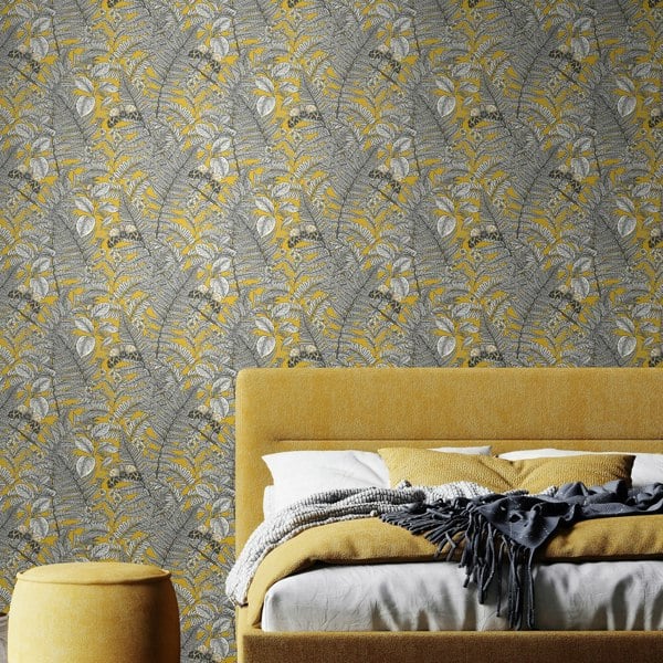Hoopla Walls Wild Ferns - Mustard 10m Wallpaper