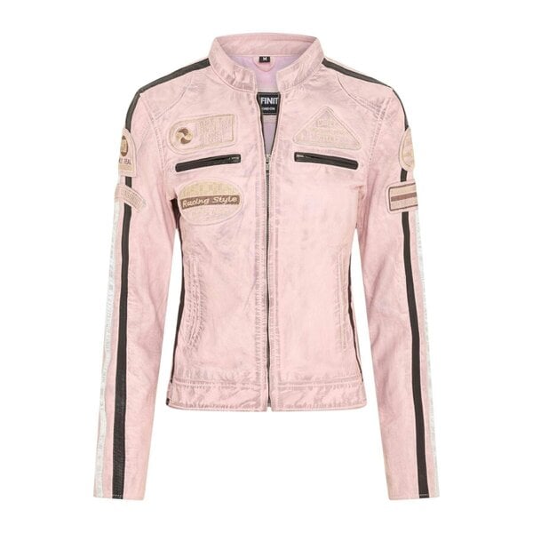 Infinity Leather Womens Leather Biker Racing Badges Jacket-Agadir - Baby Pink