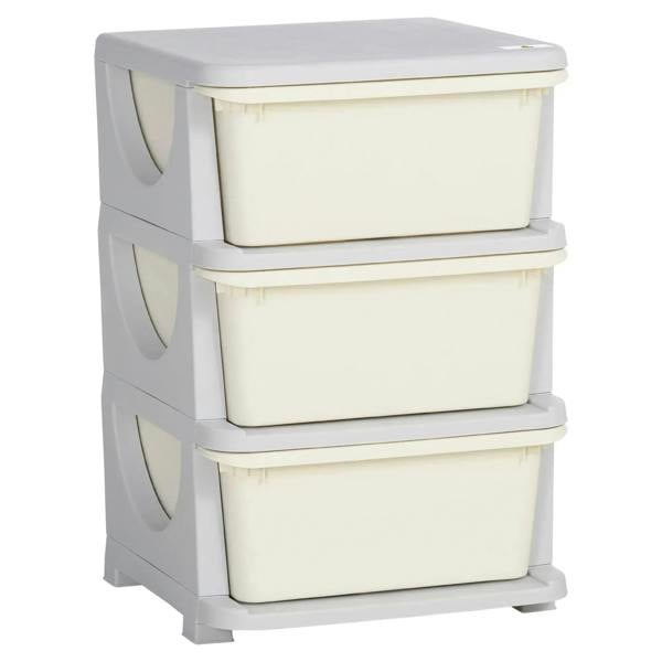 Three-drawer kids storage organizer with cream bins and curved handles, gray frame
