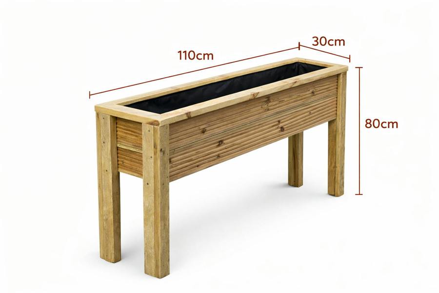 Raised wooden garden planter with 110cm length 30cm width and 80cm height measurements