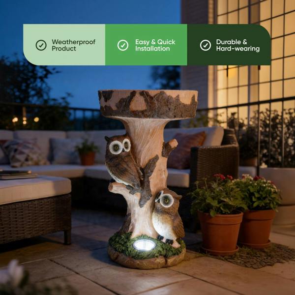 Gardenwize Solar Bird Bath – Owl Garden Ornament with LED Light