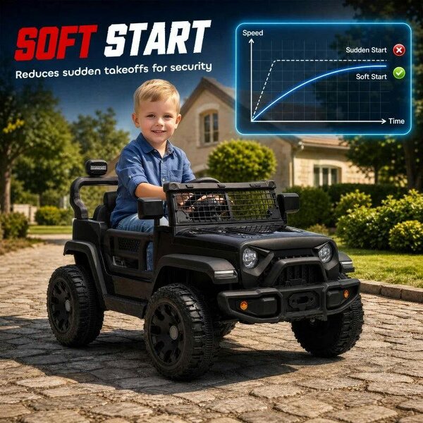12V Electric Car for Kids with Remote, Dual Motors, Rear Suspension, Soft Start, Music, Lights for 3-8 Years, Black
