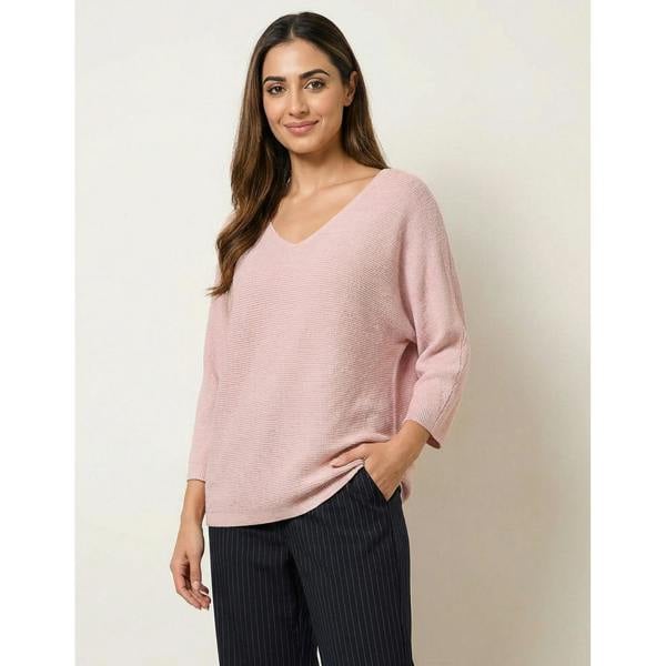 Blue Vanilla Metallic V Neck Knitted Ripple Jumper - Pink