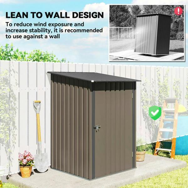 Lean-to wall steel garden shed with sloped roof, brown and gray exterior panels.