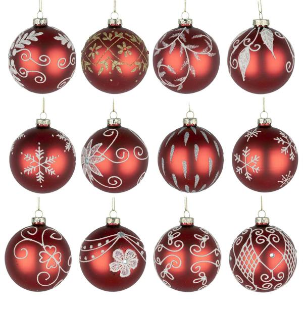 8cm Glass Christmas Baubles, 12 Pack, Red Festive Hanging Decorations with Mixed Designs image 7