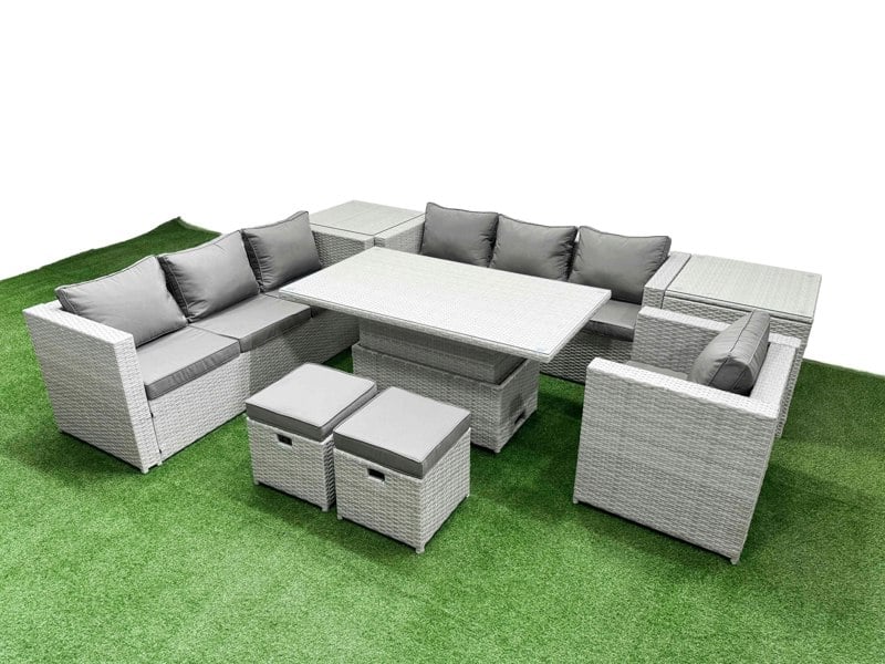 Fimous 8 PCs Rising Dining Table Set Rattan Furniture Set with 3 Seater Sofa Chair 2 Small Footstools 2 Side Tables Light Grey