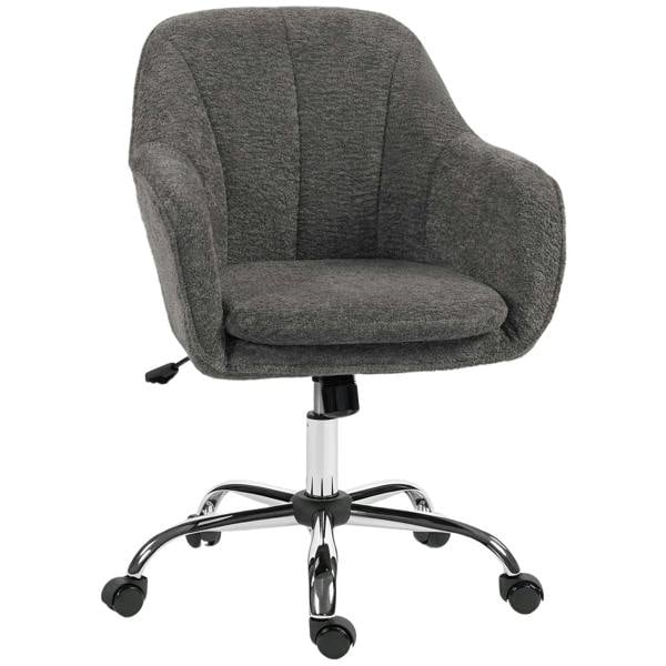 Grey flannel office chair with rounded arms, cushioned seat, chrome base and caster wheels