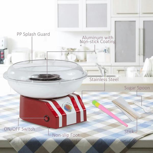 Red and white cotton candy machine on kitchen counter with clear dome and controls