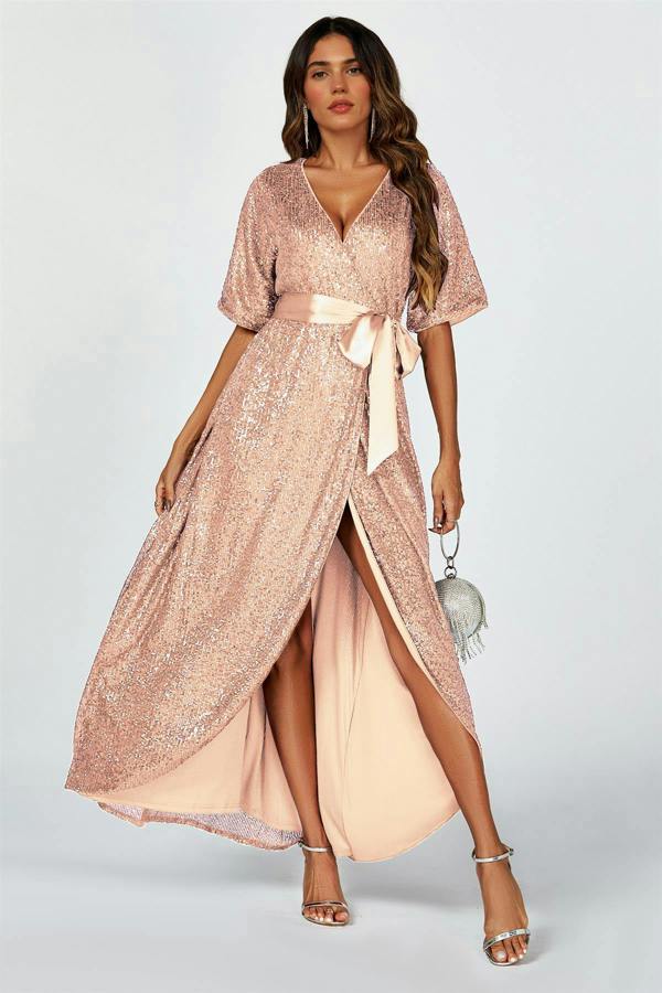 FS Collection Wrap Style Sequin Maxi Dress In Gold