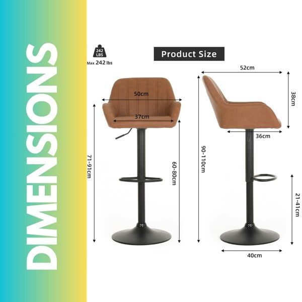 Rafaelo Mobilia Set Of 2 Height Adjustable Swivel Bar Stools With Backrest Footrest Brown