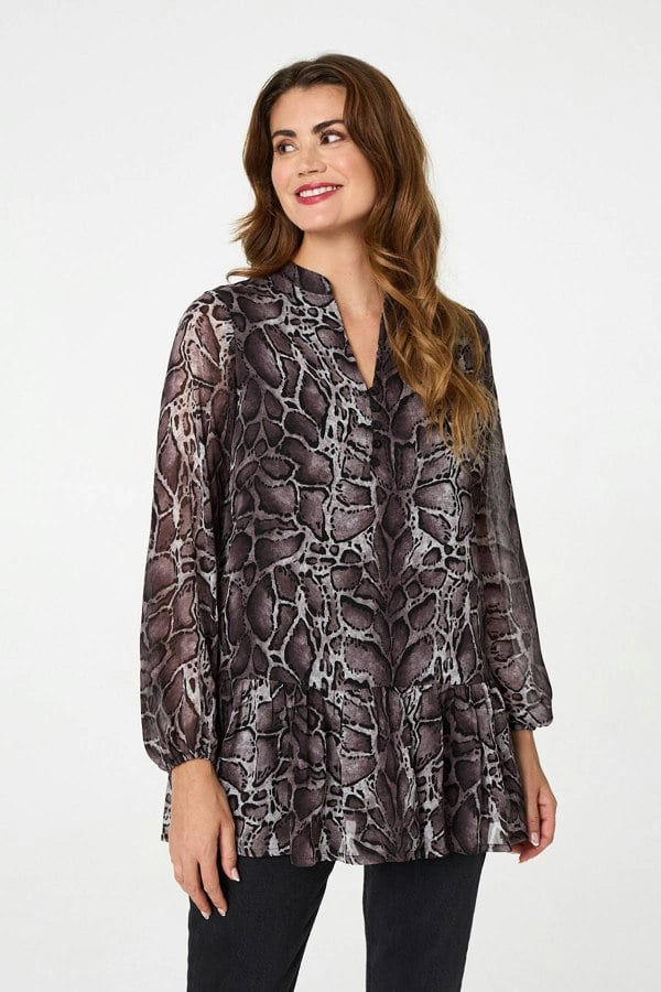 Black | Printed Long Sleeve Frilled Tunic Shirt
