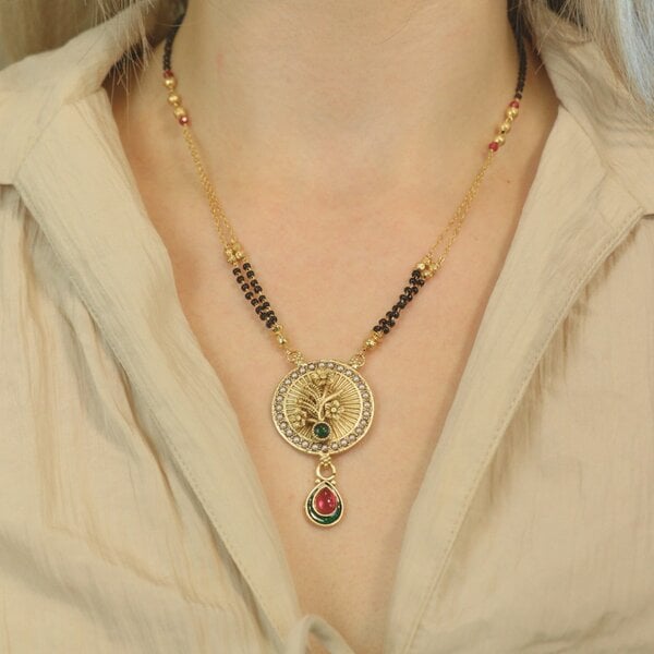 The Colourful Aura Indian Ethnic Gold Round Peacock Pearl Ruby Emerald Mangalsutra Pendant Necklace