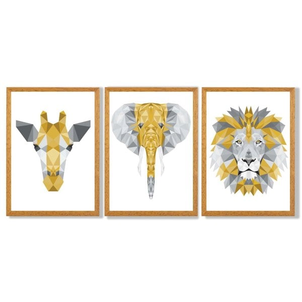 Set of 3 Yellow & Grey Jungle Giraffe Lion Elephant Framed Art Prints with Oak Wooden Frames