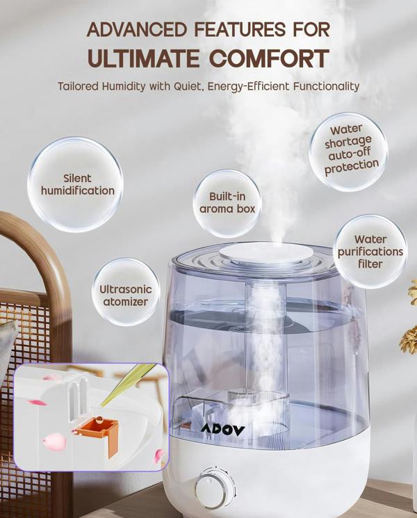 ADOV 4L Cool Mist Humidifier, Ultrasonic Air Humidifier with 360° Nozzle and Auto Shut-Off