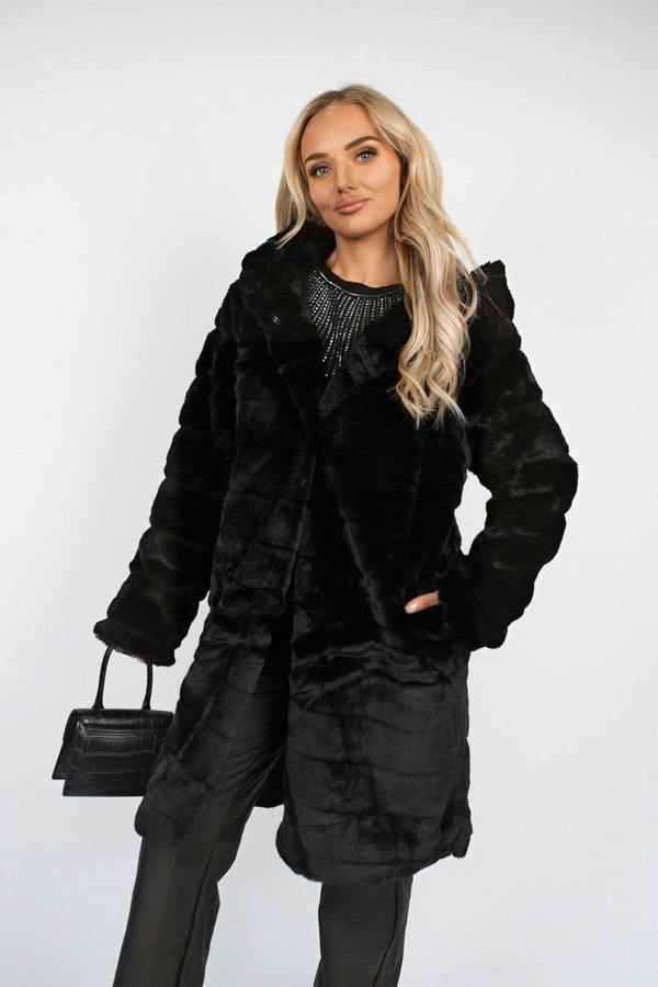 Milara Longline Faux Fur Hooded Coat - Black