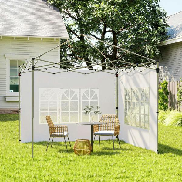 White gazebo side panels with window panels hanging from a pop-up canopy frame