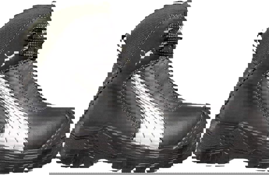 PUMA Safety PUMA Cascades Mid Men's S3 Composite Toe Midsole Work Boots, black safety work boots with white and gray accents, durable design, lace-up closure, high ankle support, anti-slip sole, and safety toe cap for industrial safety.