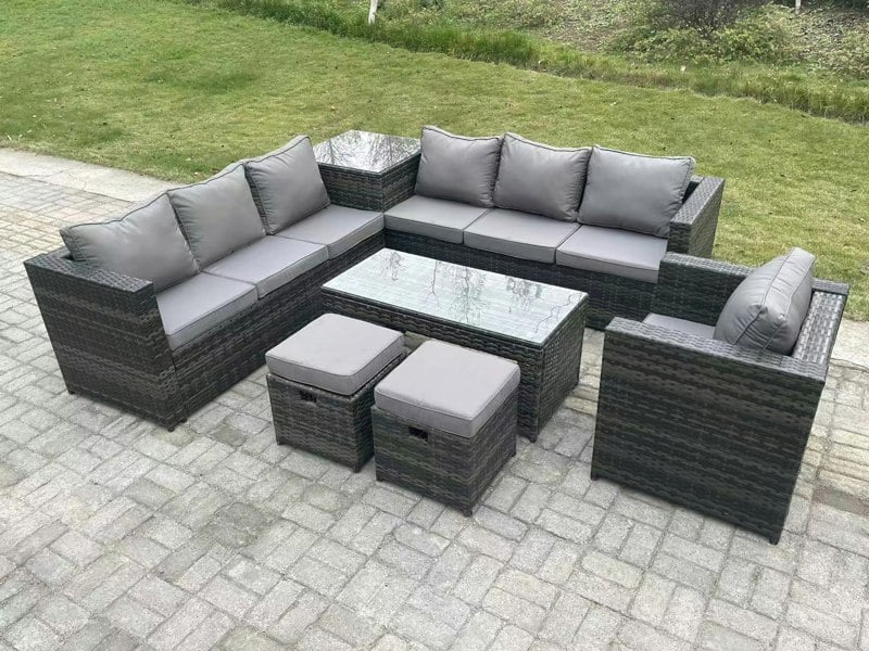 Fimous 9 Seater Rattan Corner Sofa Set With Square Side Table And Oblong Rectangular Coffee Tea Table Arm Chair 2 Stools Dark Grey Mixed