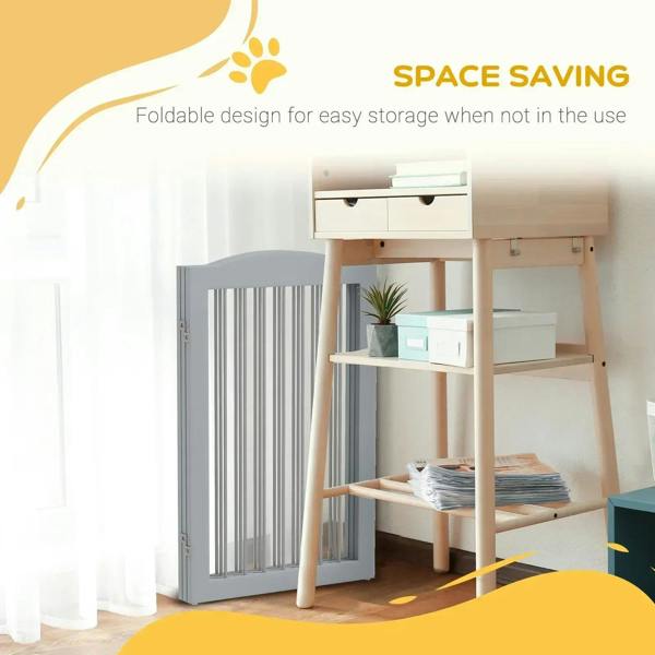 Grey foldable dog gate stored upright for easy space-saving when not in use