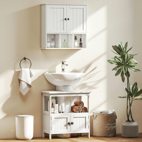 Wyld Haus Dalaco White Pedestal Sink Storage Cabinet With Double Doors And Internal Shelving