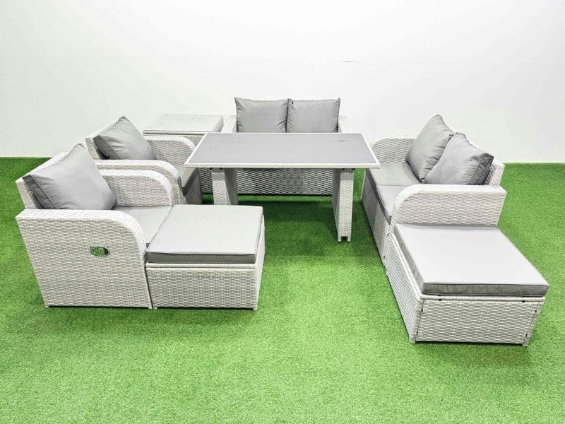 Fimous 8 Pieces Outdoor PE Rattan Sofa Reclining Chair Set Patio Garden Furniture Sets with Cushions Side Table 2 Big Stools Light Grey