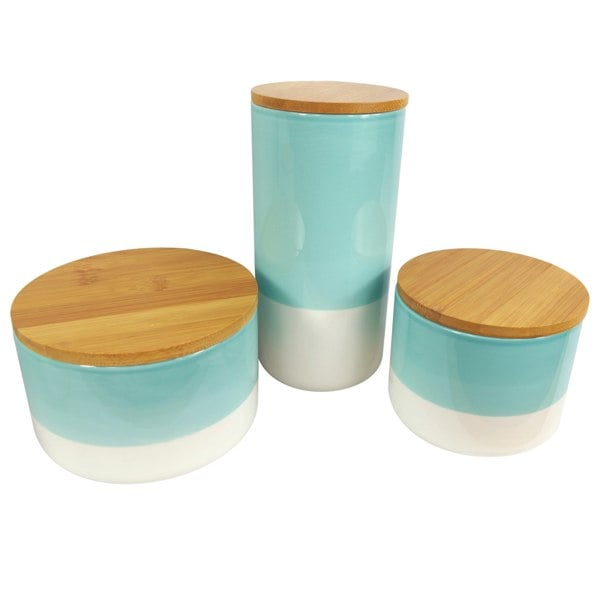 Leaf Set of Three Canisters Aqua Green Ceramic Storage Jars with Lids