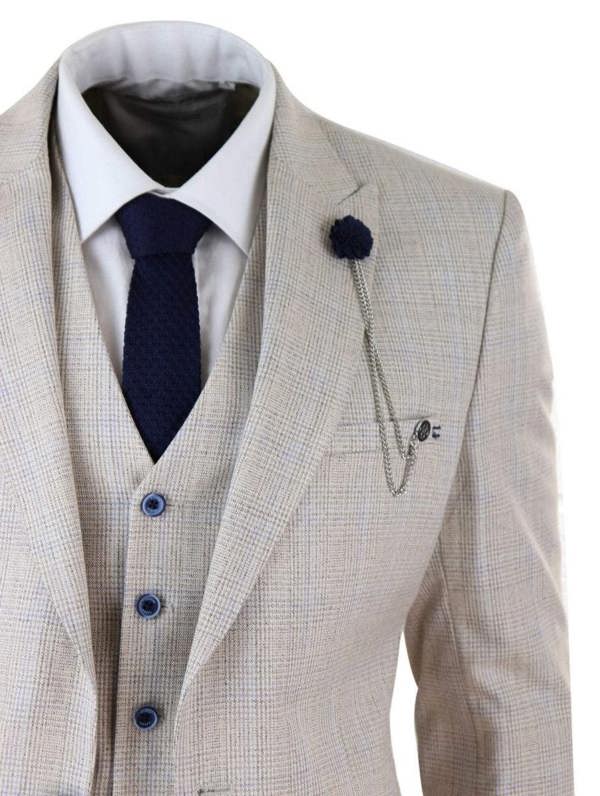 House of Cavani Mens 3 Piece Cream Check Tweed Herringbone Vintage Classic Suit