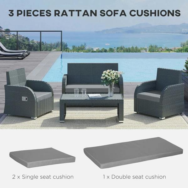 Dark grey rattan sofa cushion set with 2 single and 1 double seat pads