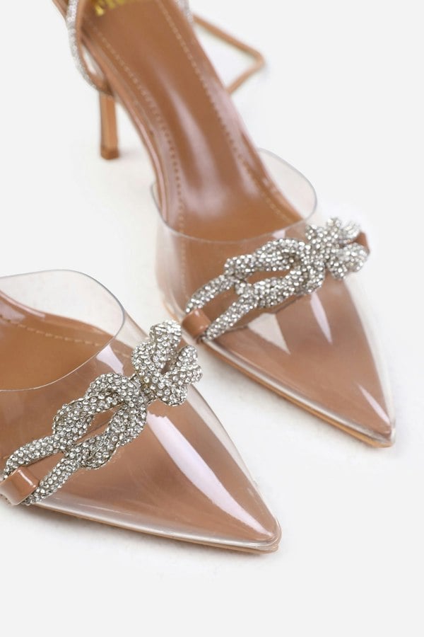 Where's That From Julia Wide Fit Perspex Heel With Embellished Detail and Diamante Cross Strap in Mocha Patent