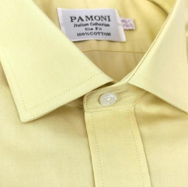 Close-up of a light yellow shirt collar with a 'PAMONI' label.