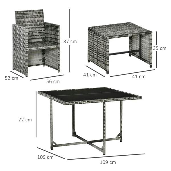 Grey rattan dining set size guide showing table 109x109 cm and chair dimensions