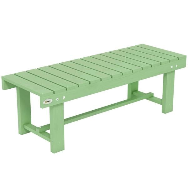 Light green wooden backless garden bench with slatted seat and sturdy legs