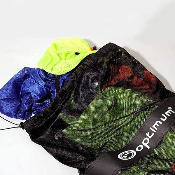 Black mesh Optimum bib bag filled with green, blue, red and yellow bibs, white logo, on white - Optimum
