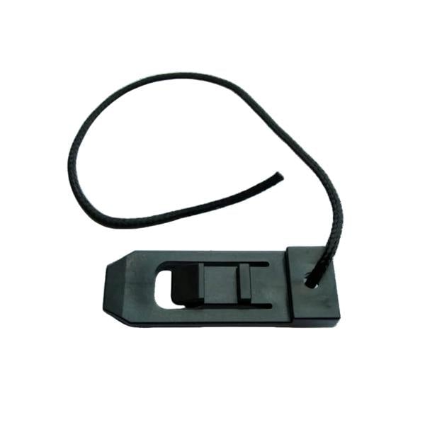 Black plastic clip with a wire on a white background